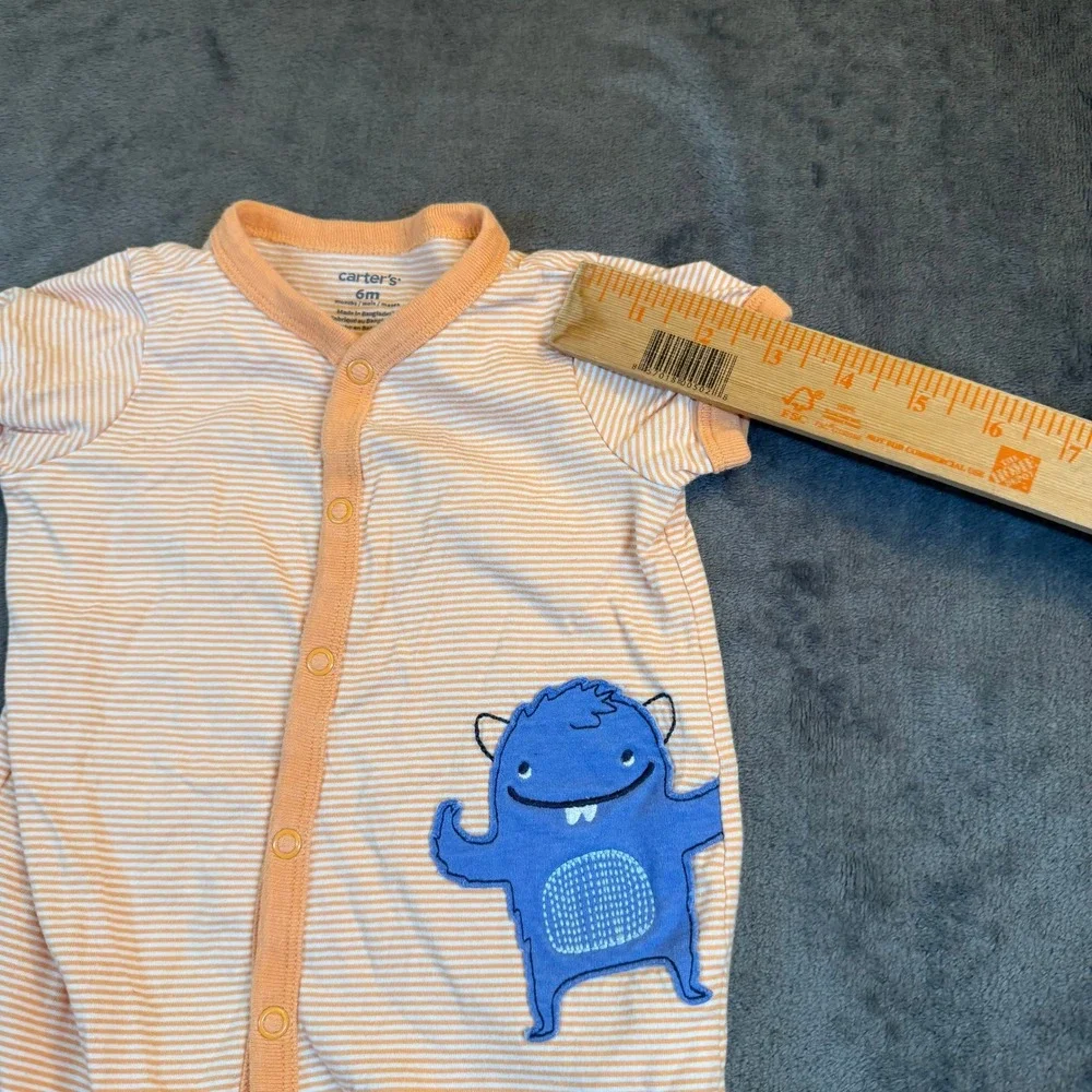 Carters‎ Monster Striped Romper Baby 6 Months Orange Snap Front Cotton